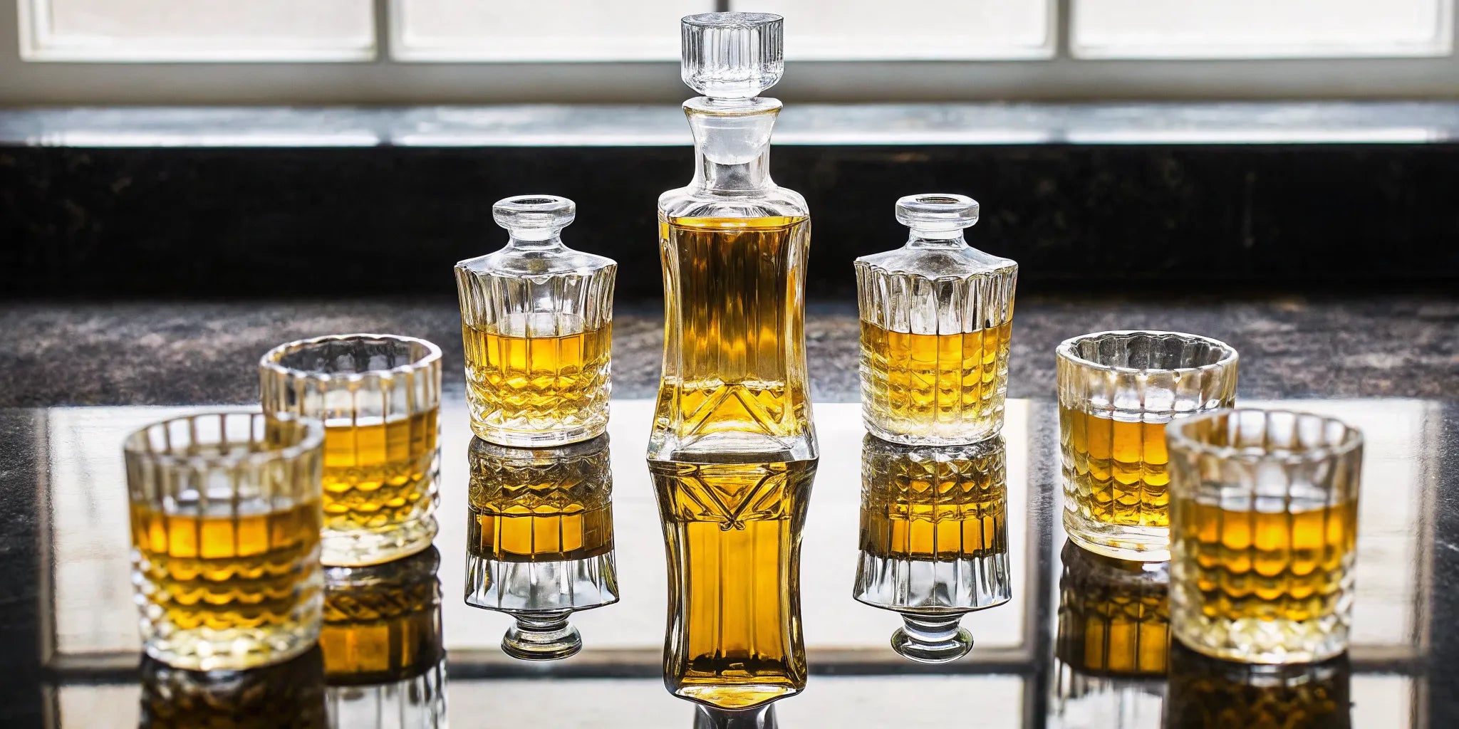A crystal decanter and glasses of high-end tequila for a premium tasting.