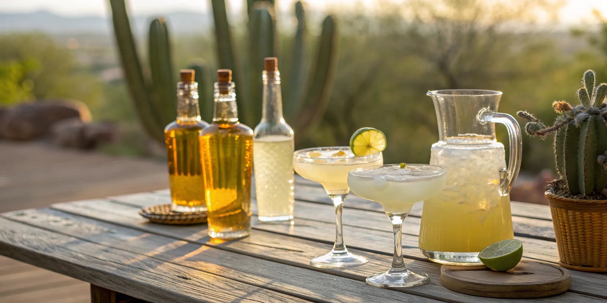 A display of the best tequilas for margaritas with glasses, limes, and a pitcher.