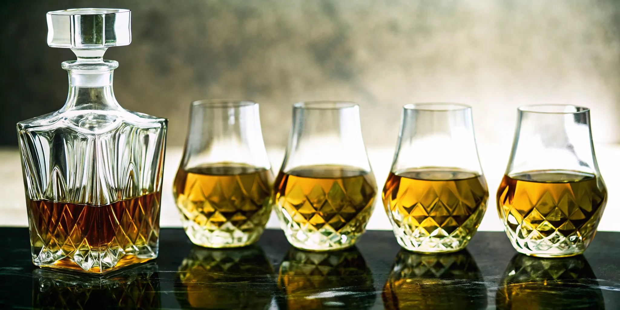 Top-rated extra añejo tequila served in a crystal decanter and sipping glasses.