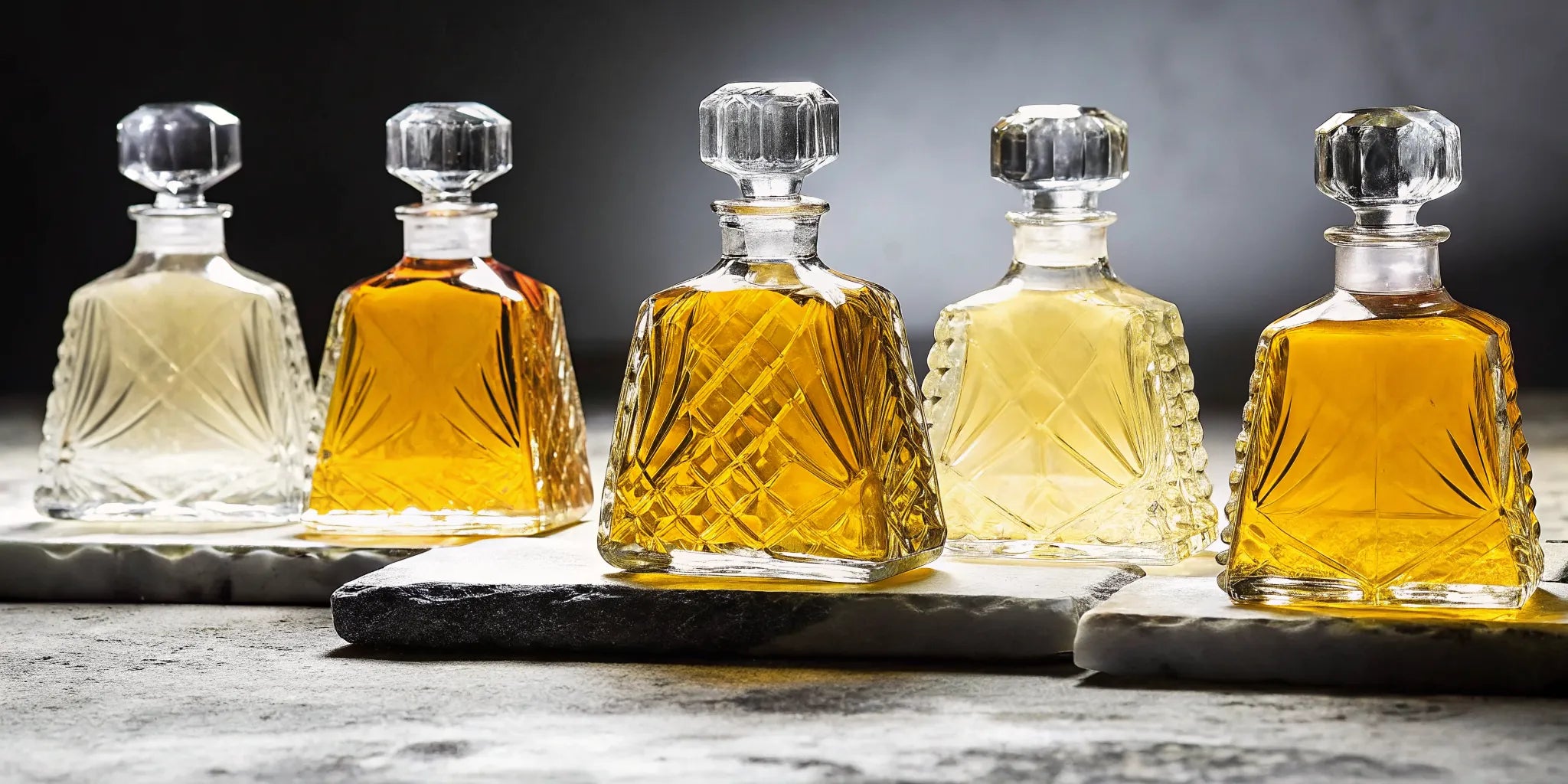 A collection of the best ultra premium tequila brands in crystal decanters with rich golden hues.