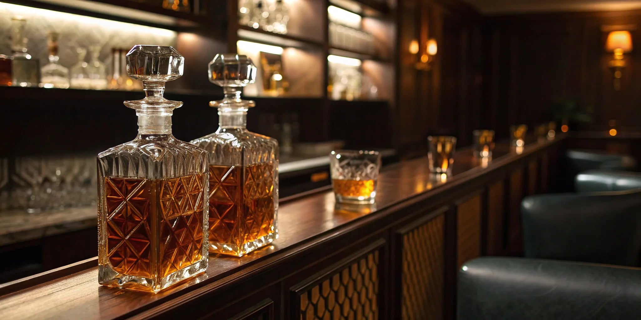 A collection of the highest proof tequilas in crystal decanters on a bar.