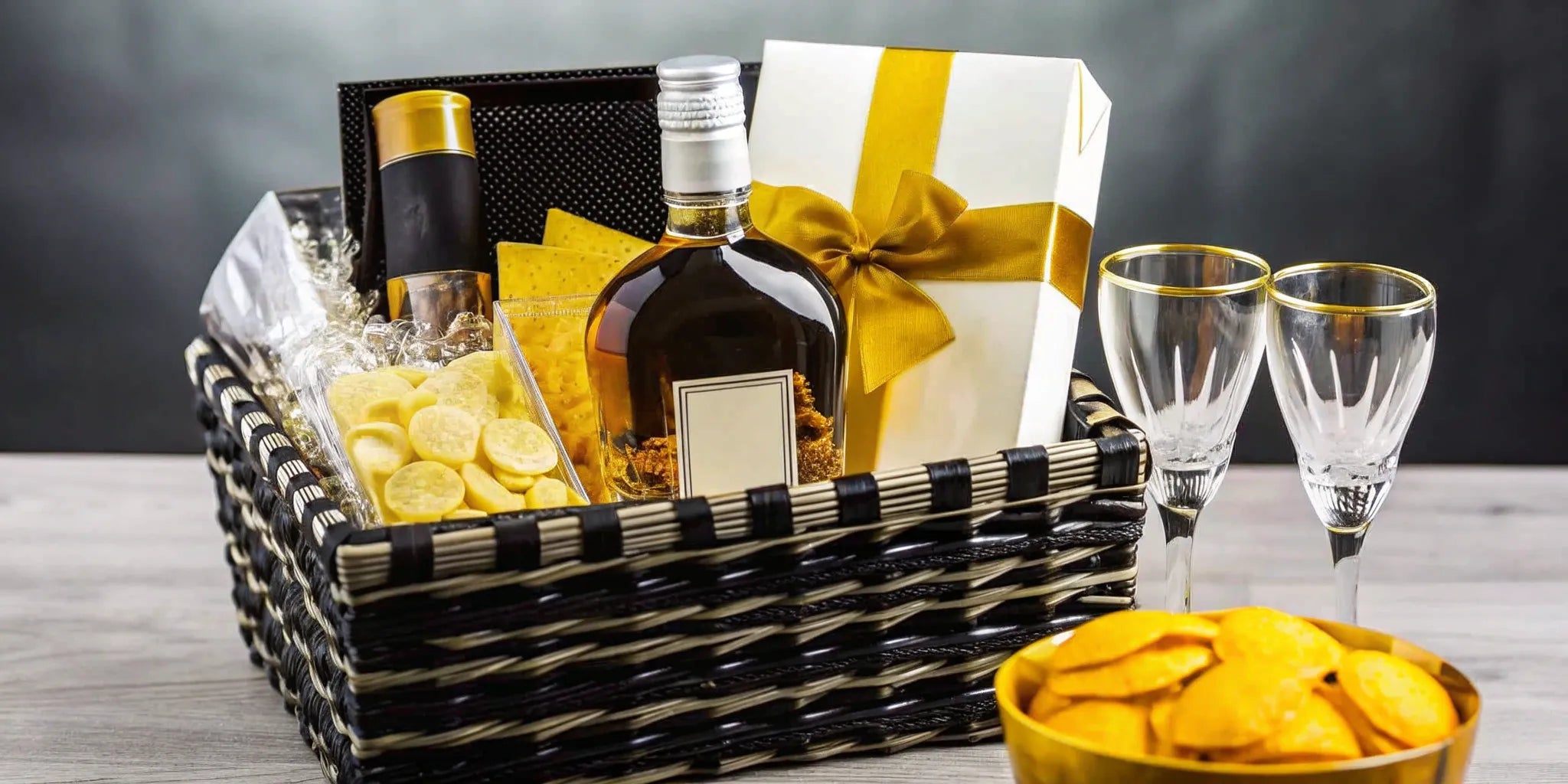 A creative tequila gift basket idea with a premium bottle, cocktail mixers, and glassware.
