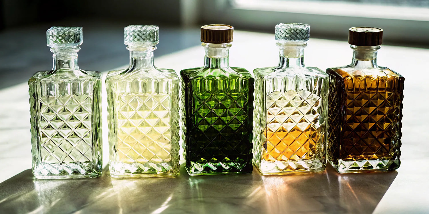 A collection of the smoothest additive-free tequila bottles in clear and amber colors.