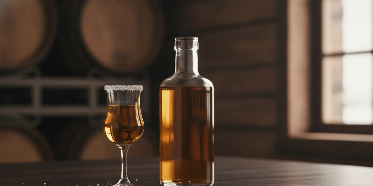 A neat pour of amber tequila beside a tulip-shaped tasting glass on a wooden table
