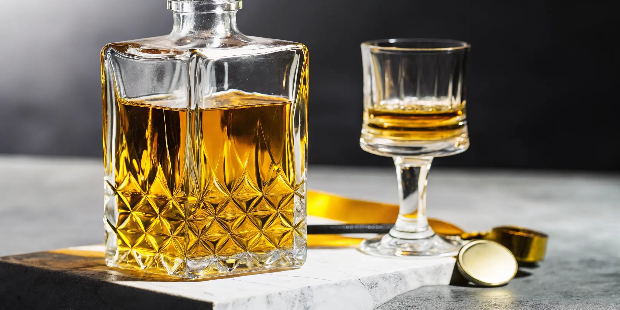 A glass of golden award-winning tequila with a decanter and a gold award ribbon.