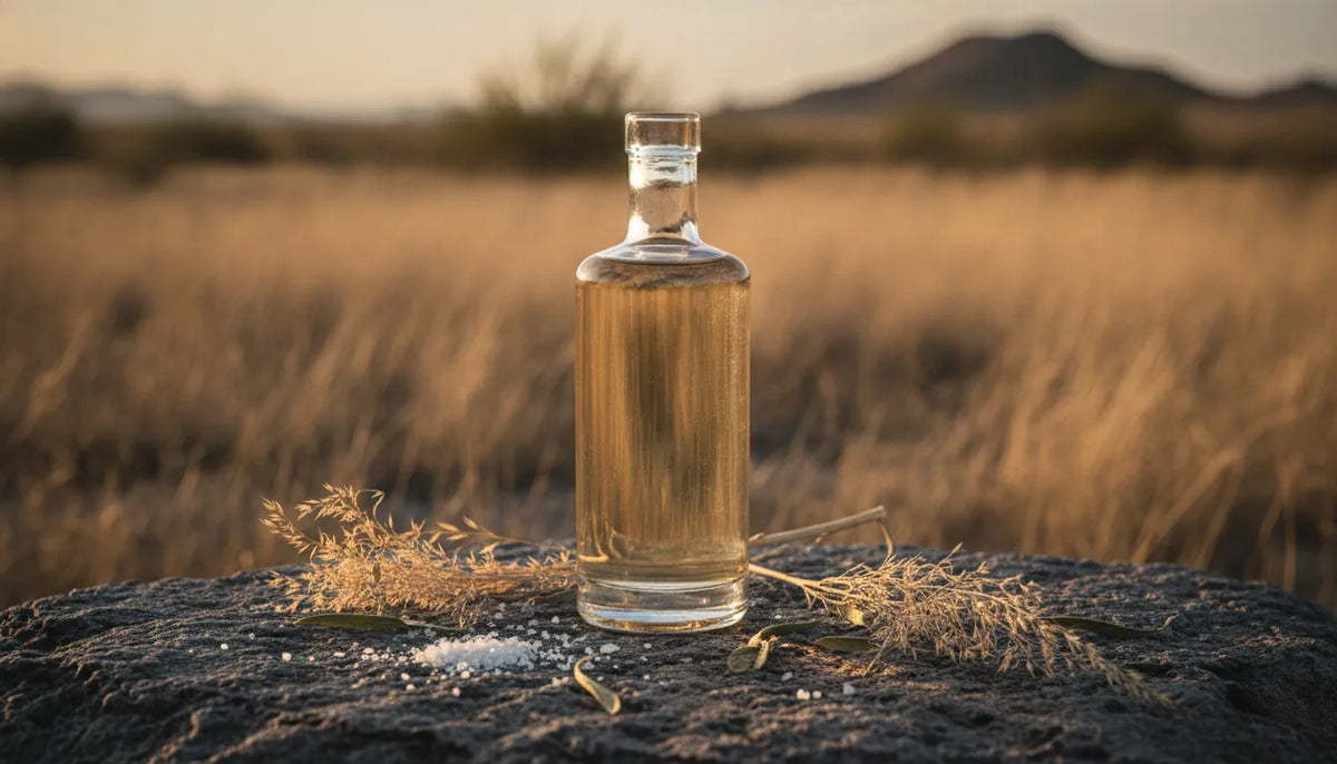 A sotol bottle-inspired still life on desert stone with Chihuahuan Desert grasses in warm light