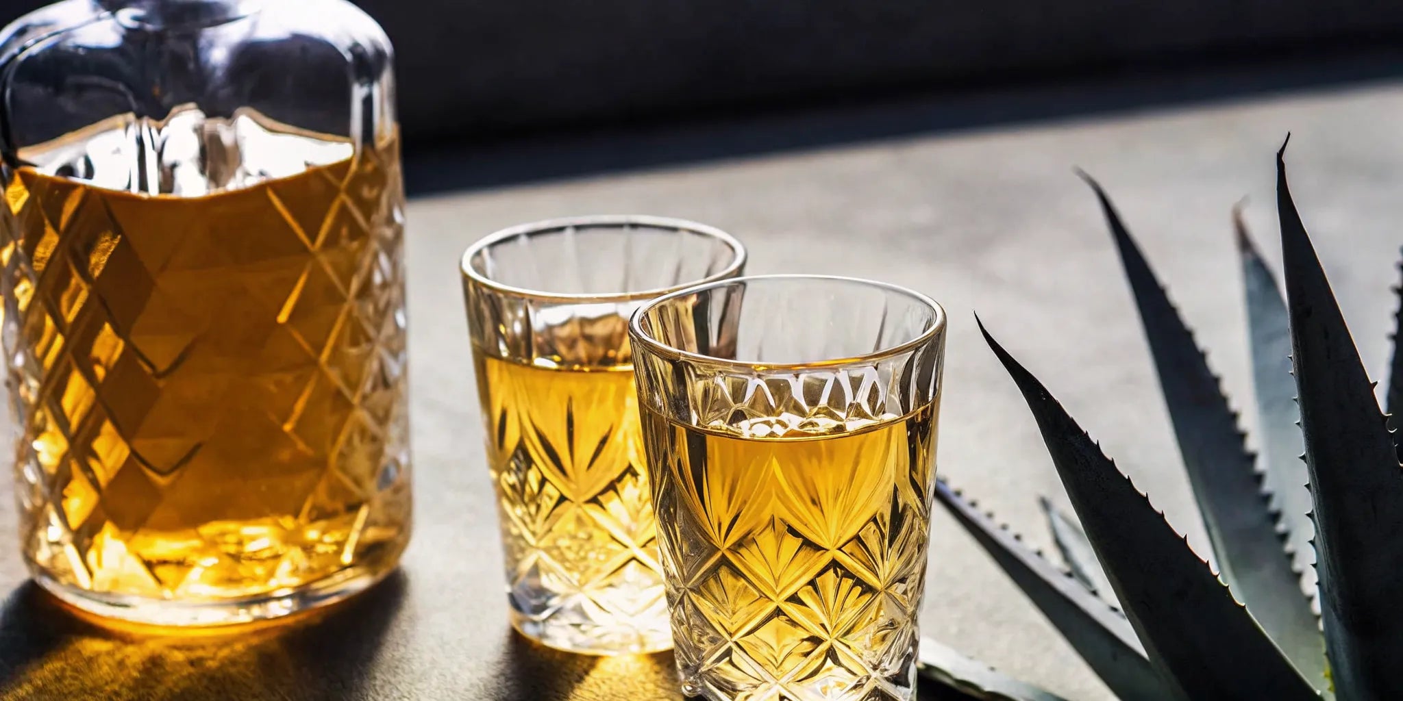 Cristalino tequila bottle with tasting glasses and agave
