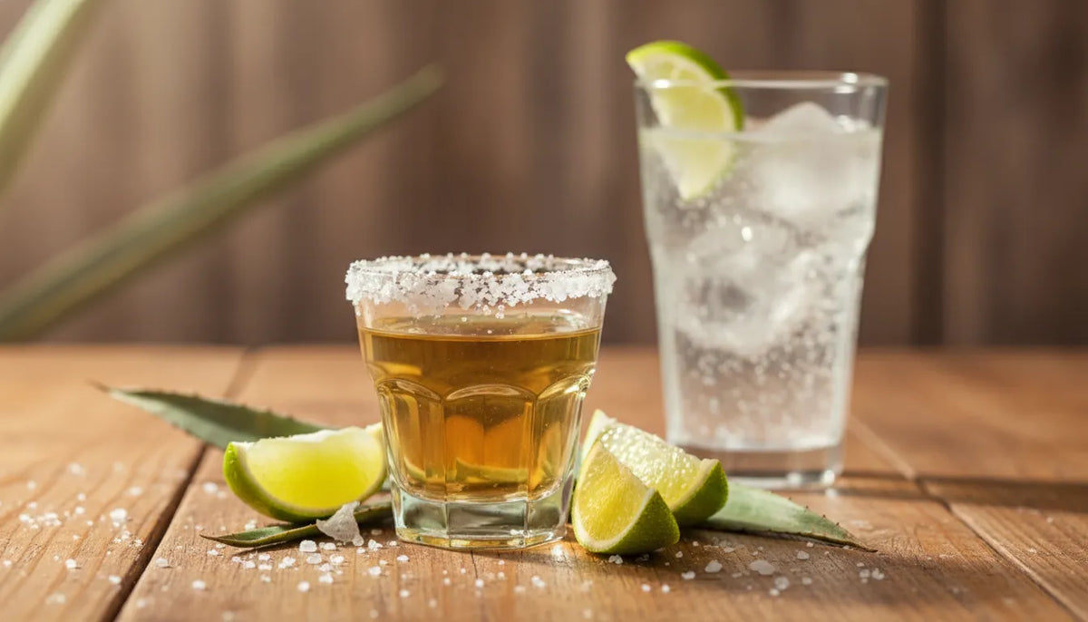 Tequila tasting glass with agave and sparkling water