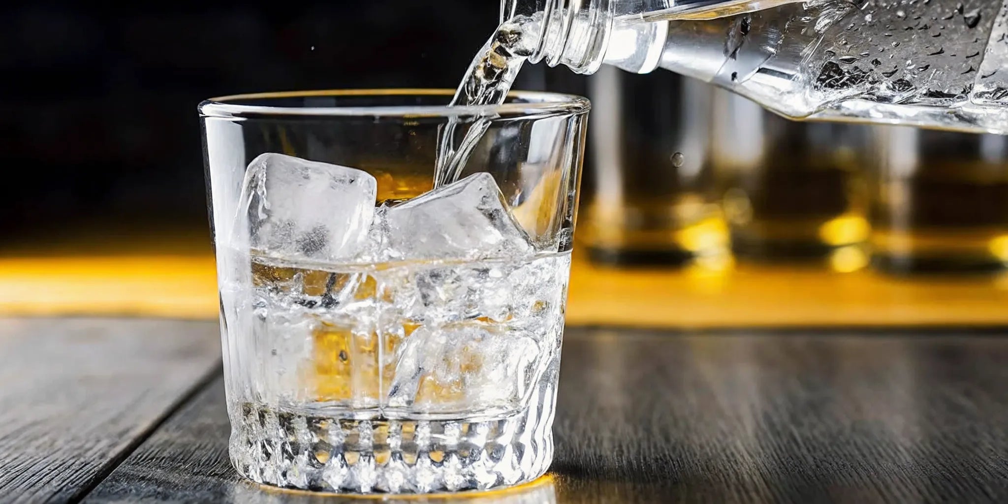 Crystal clear cristalino tequila poured over ice in a rocks glass on a wooden bar