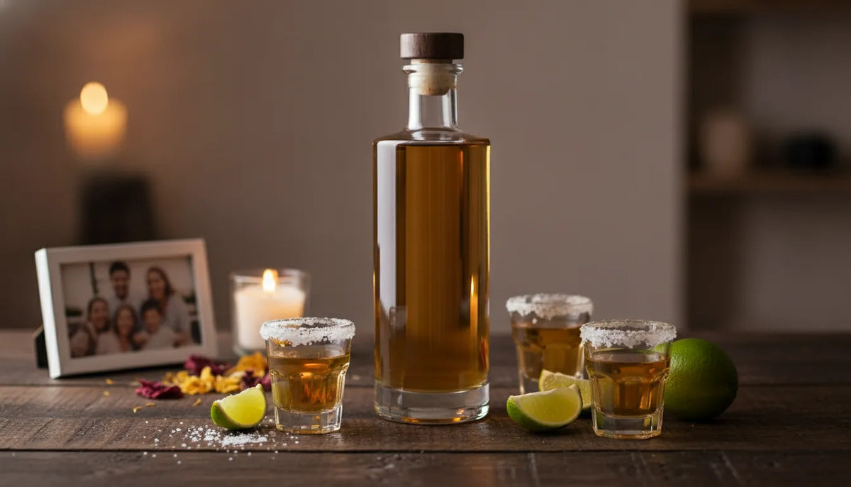 Premium tequila bottle beside a softly blurred family photograph