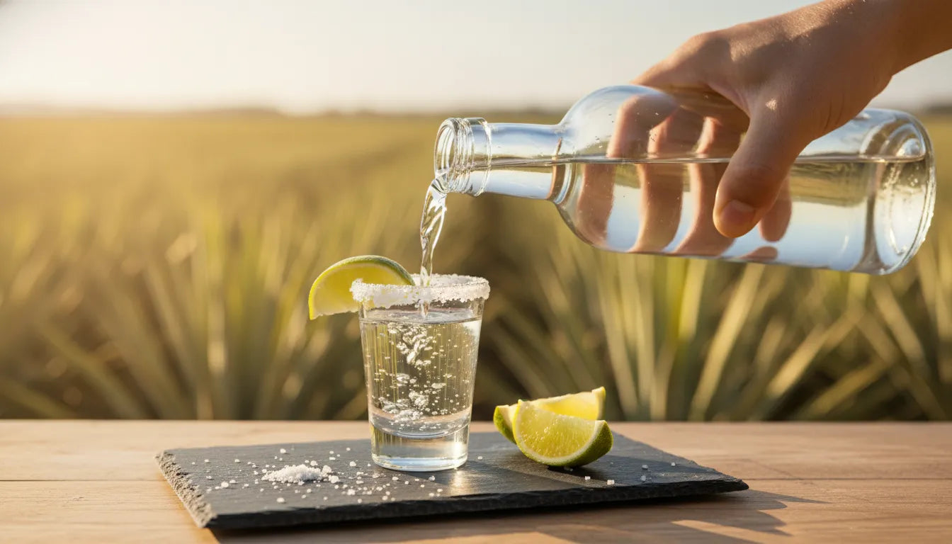 Crisp blanco tequila being poured in a sunlit agave field