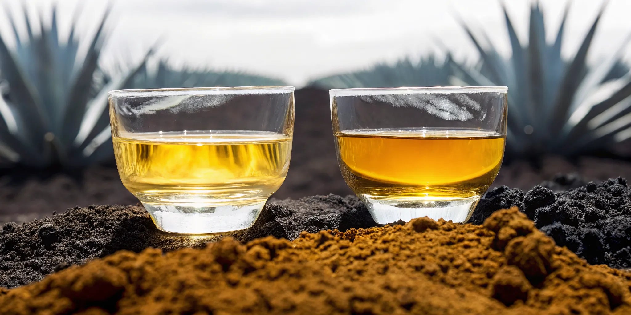 Highland and Lowland tequila pours beside contrasting agave soils