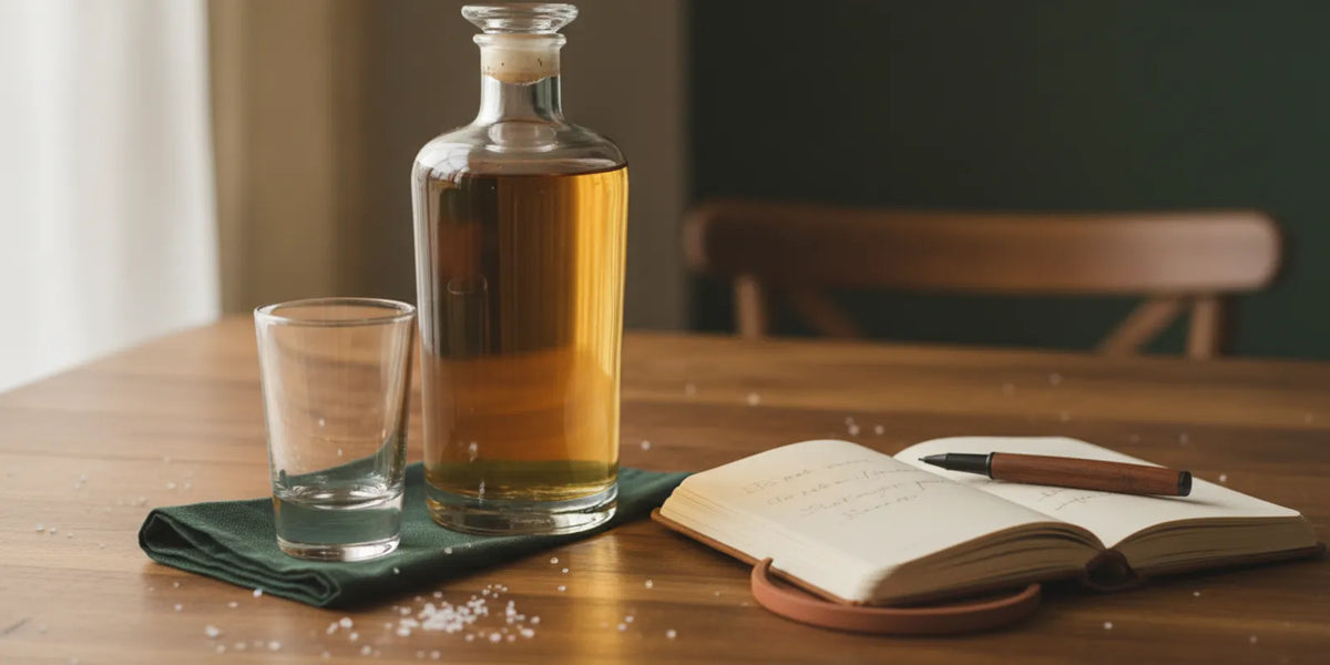 A tequila bottle and tasting glass on a warm wooden table beside a notebook