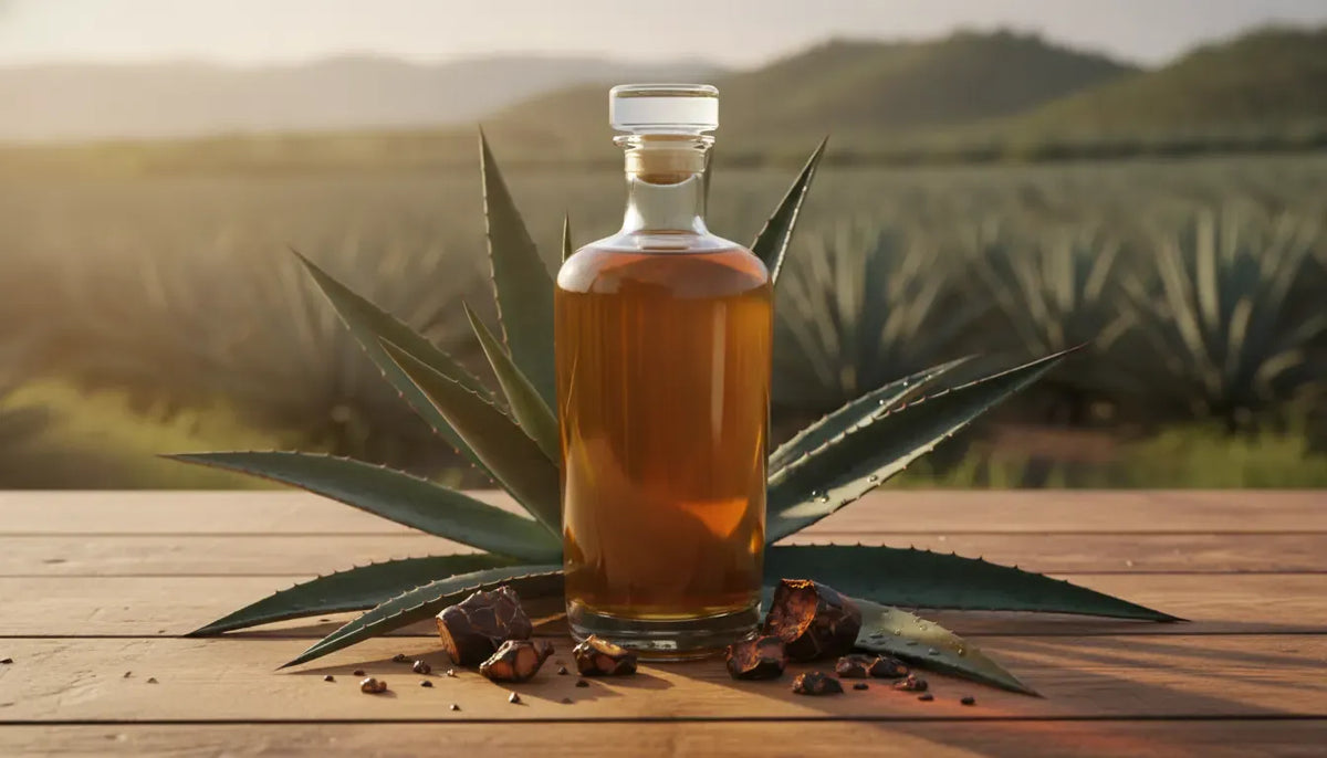 Blue Weber agave and tequila bottle in a premium field setting