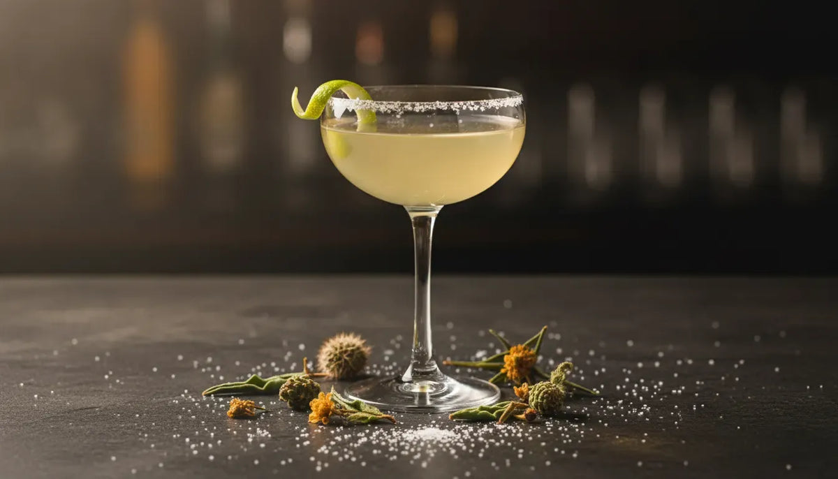 Sotol cocktail in a coupe glass with a lime twist