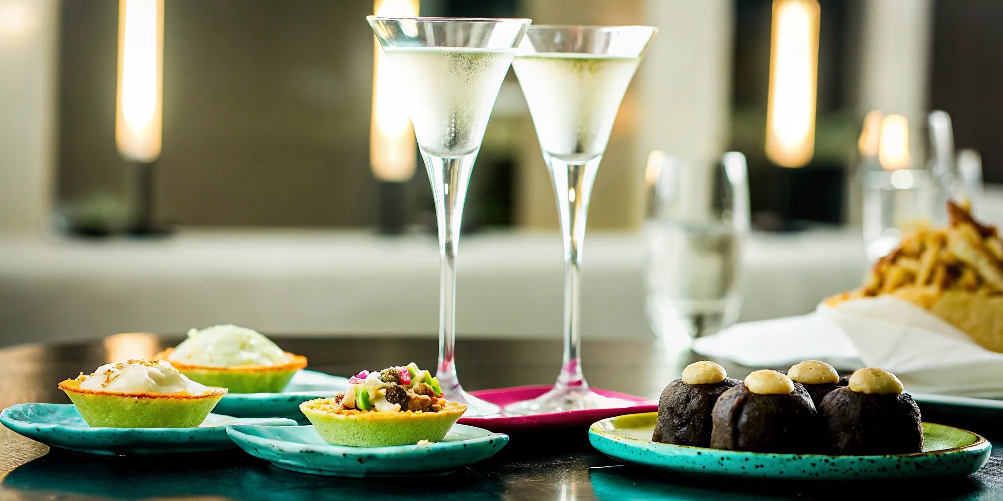 Elegant dinner table with tequila glasses and small plates of ceviche and tacos