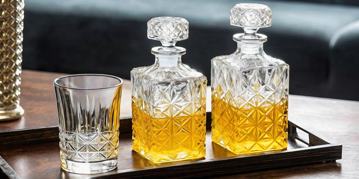 Premium tequila gift set with engraved bottles and tasting glasses on wooden table