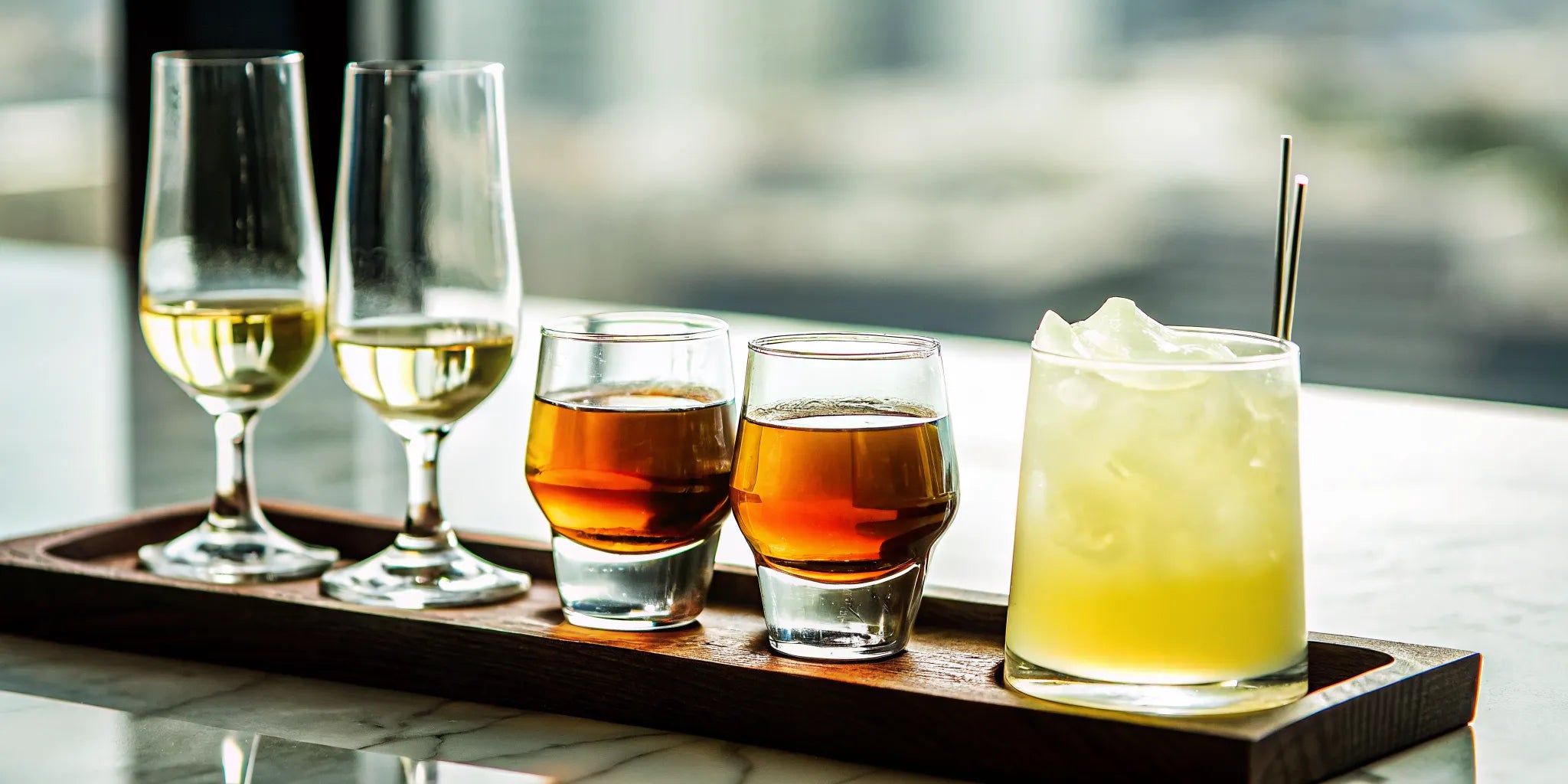 A tequila tasting flight with several glasses of tequila on a tray, ready for a tasting in NYC.