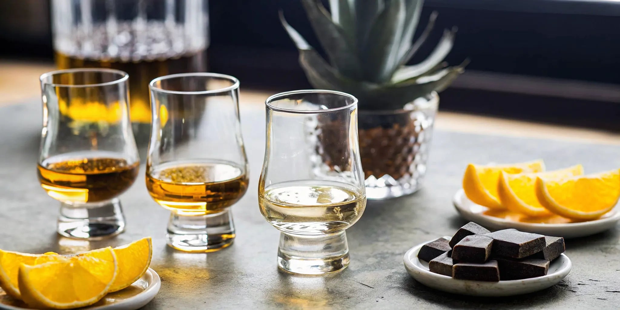 Premium tequila tasting setup with glasses of amber and clear tequila on a wooden table with citrus and chocolate pairings