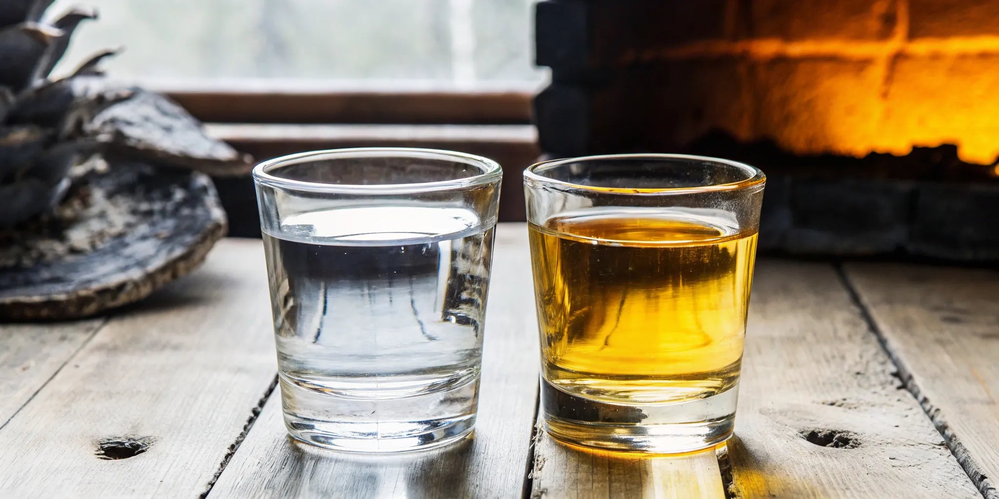 Two glasses of tequila and mezcal on a wooden tasting table with agave hearts and warm amber lighting