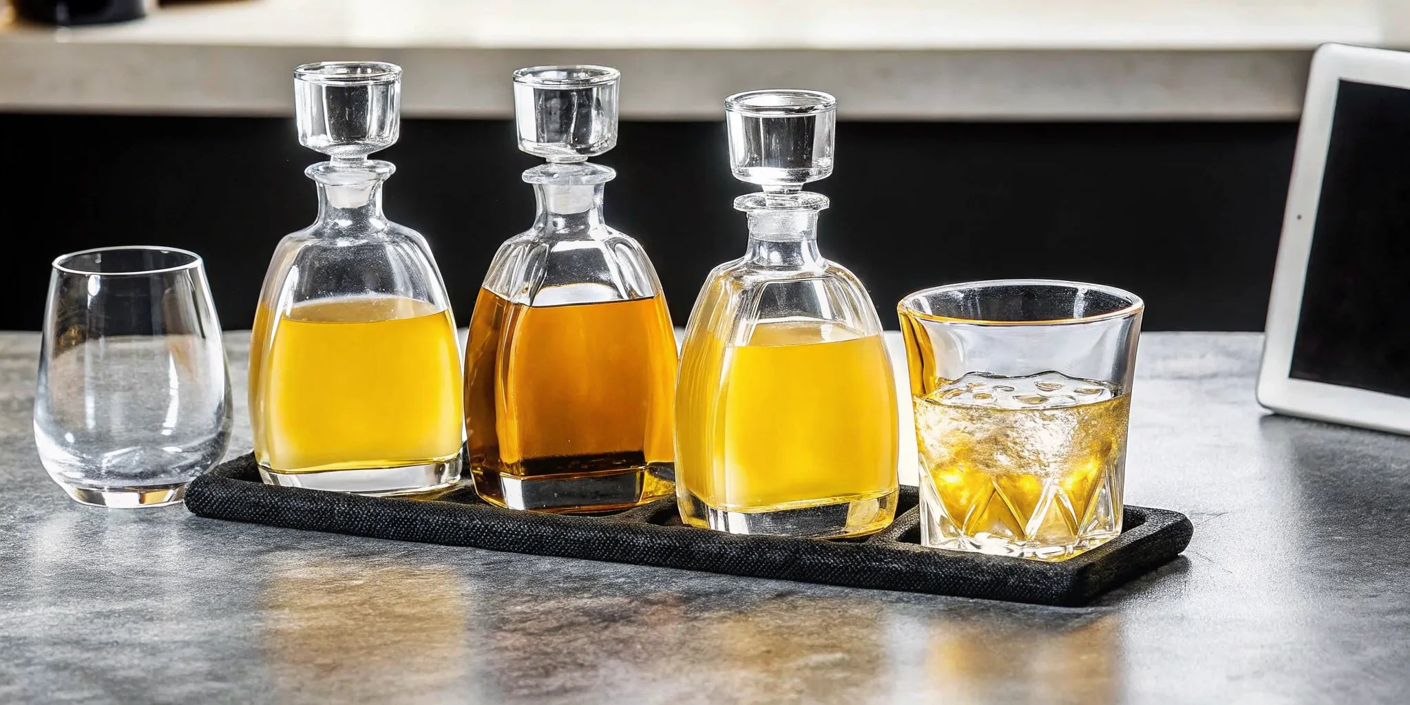 A tequila tasting flight in decanters, ready for an online collectors club event.