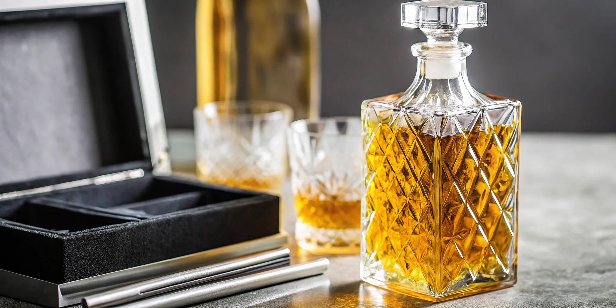 A decanter and glass of rare tequila from a specialty delivery service.