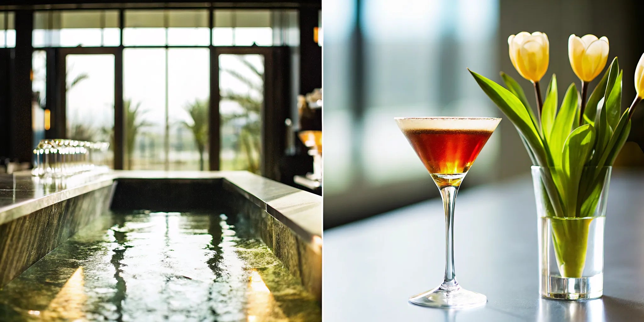 Luxurious bar with a grand tequila cocktail and fresh flowers.