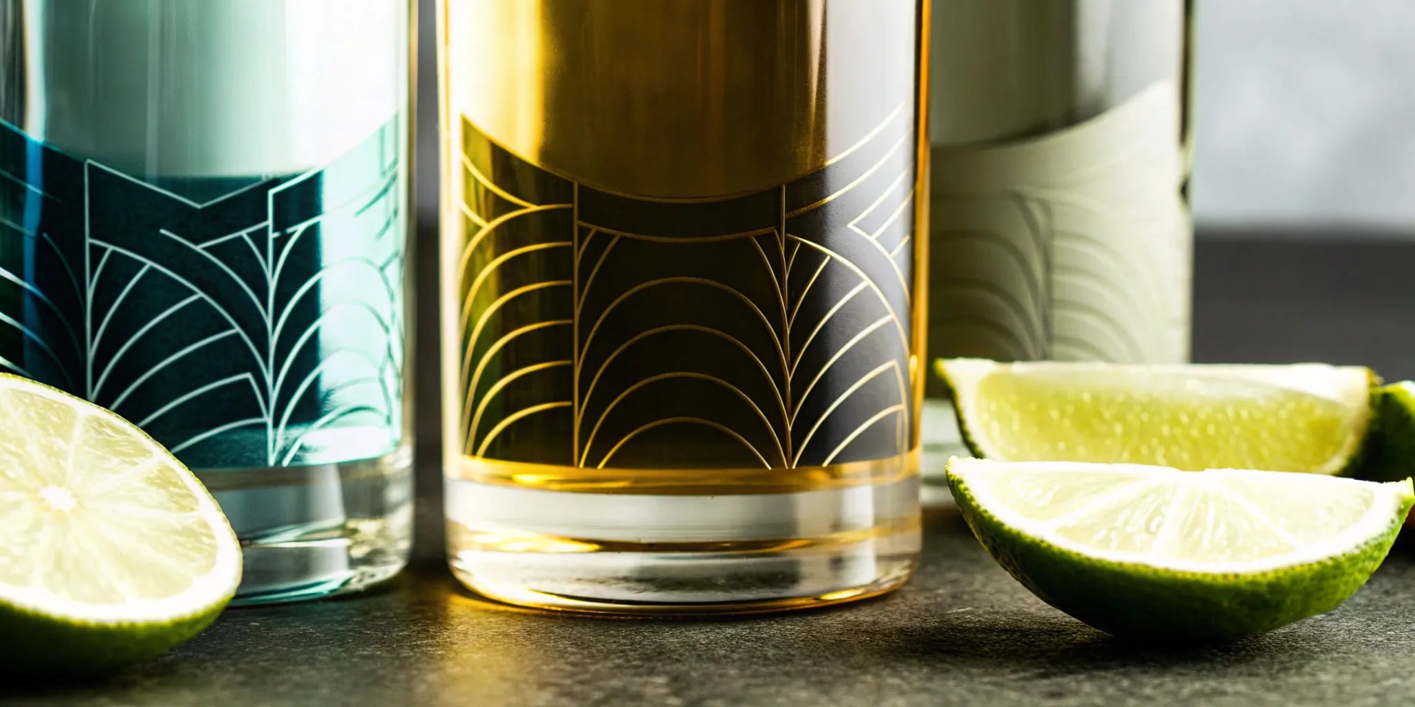 A variety of tequila bottles with custom-designed labels.