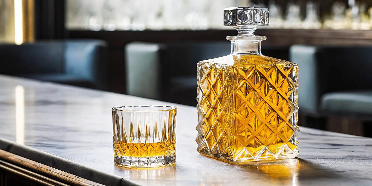 A crystal decanter and glass of one of the top 10 most expensive tequilas for collectors.