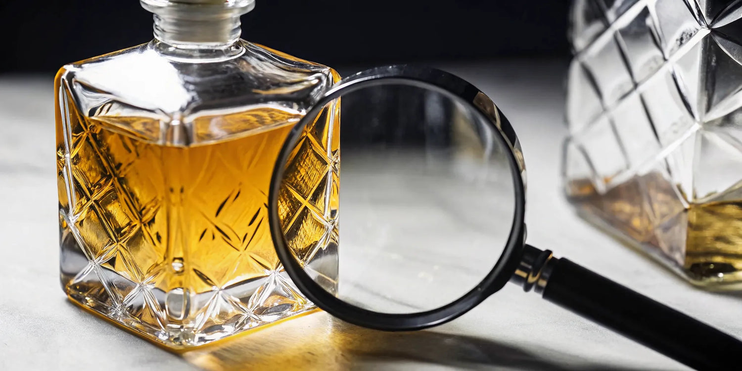 A premium tequila bottle with a magnifying glass inspecting the NOM label on a clean white background