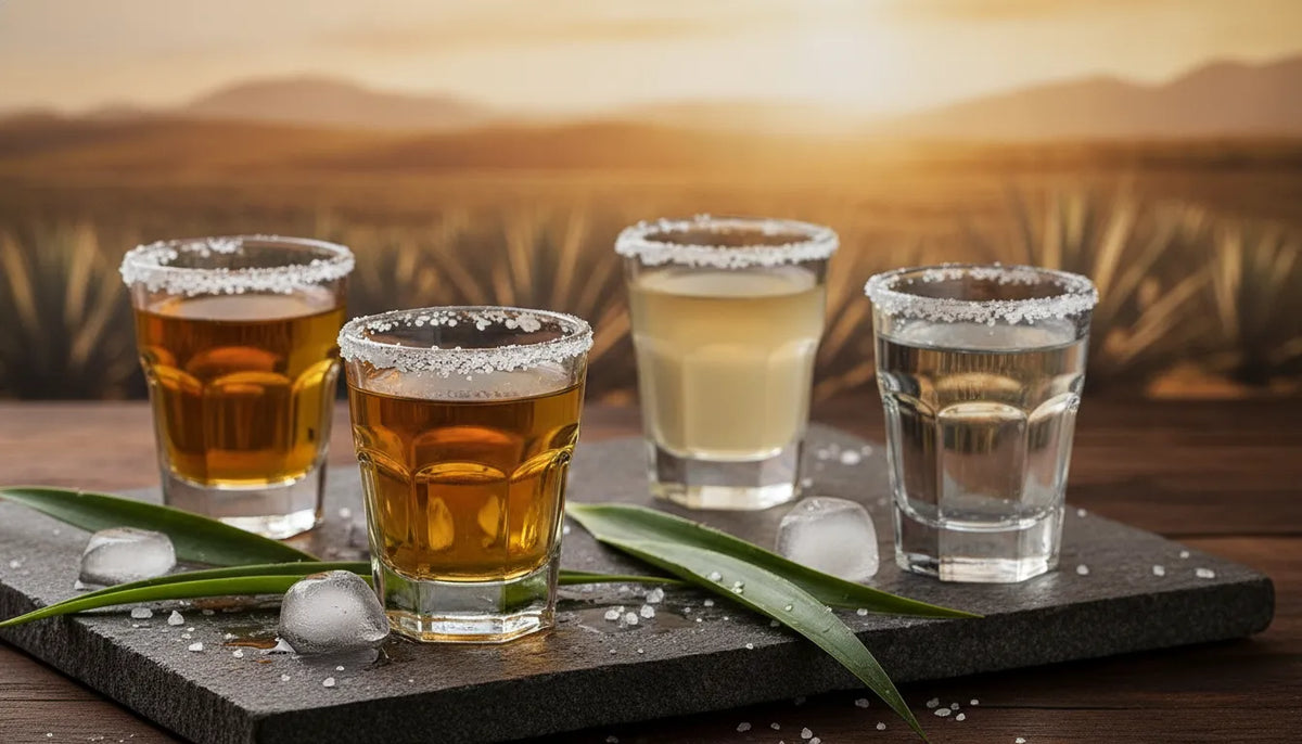Premium tequila tasting scene with agave leaves and clear tasting glasses