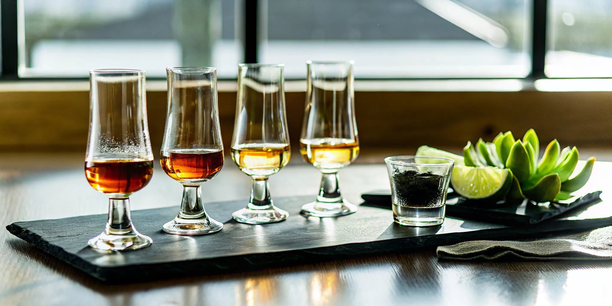 A flight of four tequilas served with lime and salt at a Fort Wayne bar.