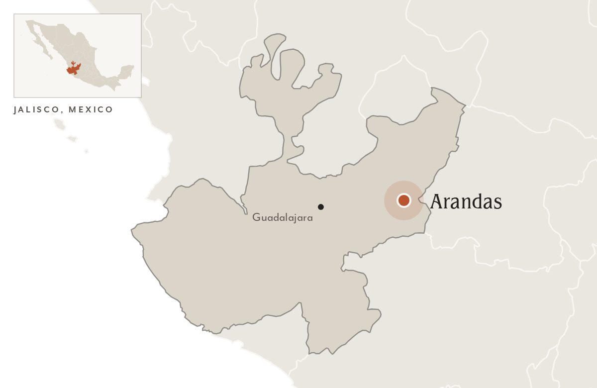 Map of Jalisco, Mexico, with Arandas marked