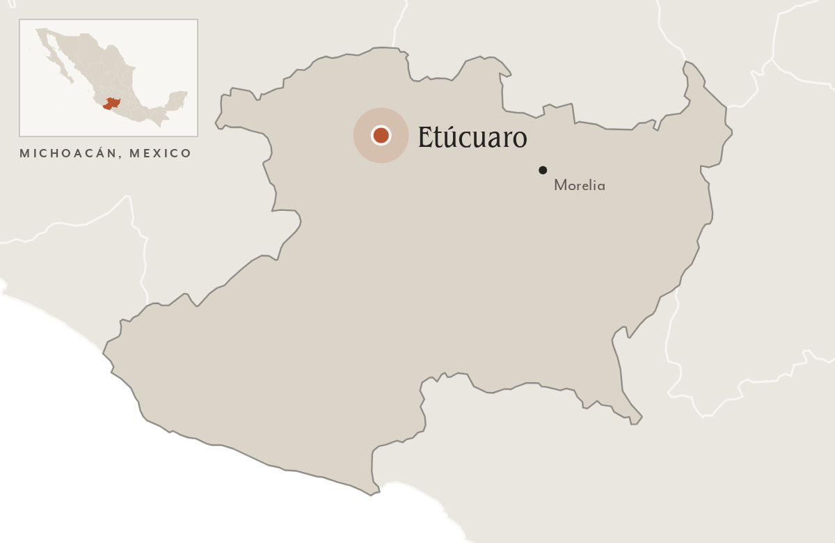 Map of Michoacán, Mexico, with Etúcuaro marked