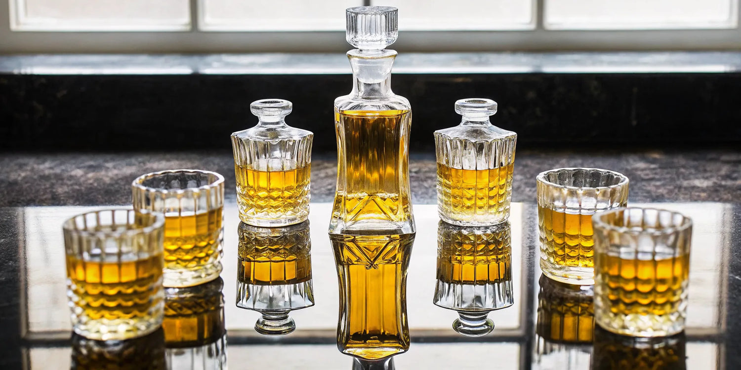 A crystal decanter and glasses of high-end tequila for a premium tasting.