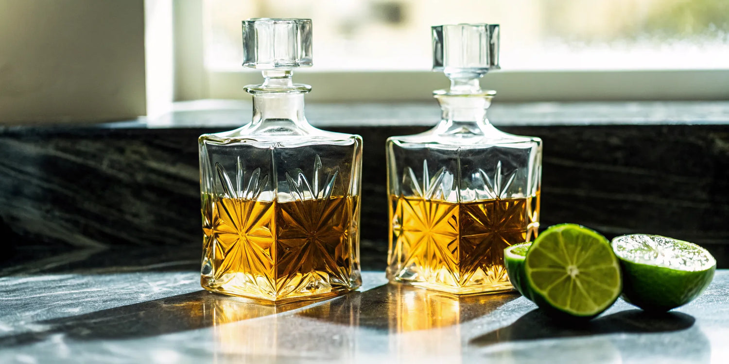 A pair of crystal decanters with luxury tequila for a collector's tasting.