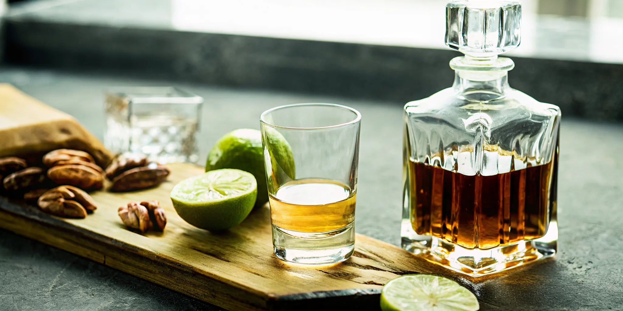 A unique tequila gift for dad with a decanter, shot glass, and lime.