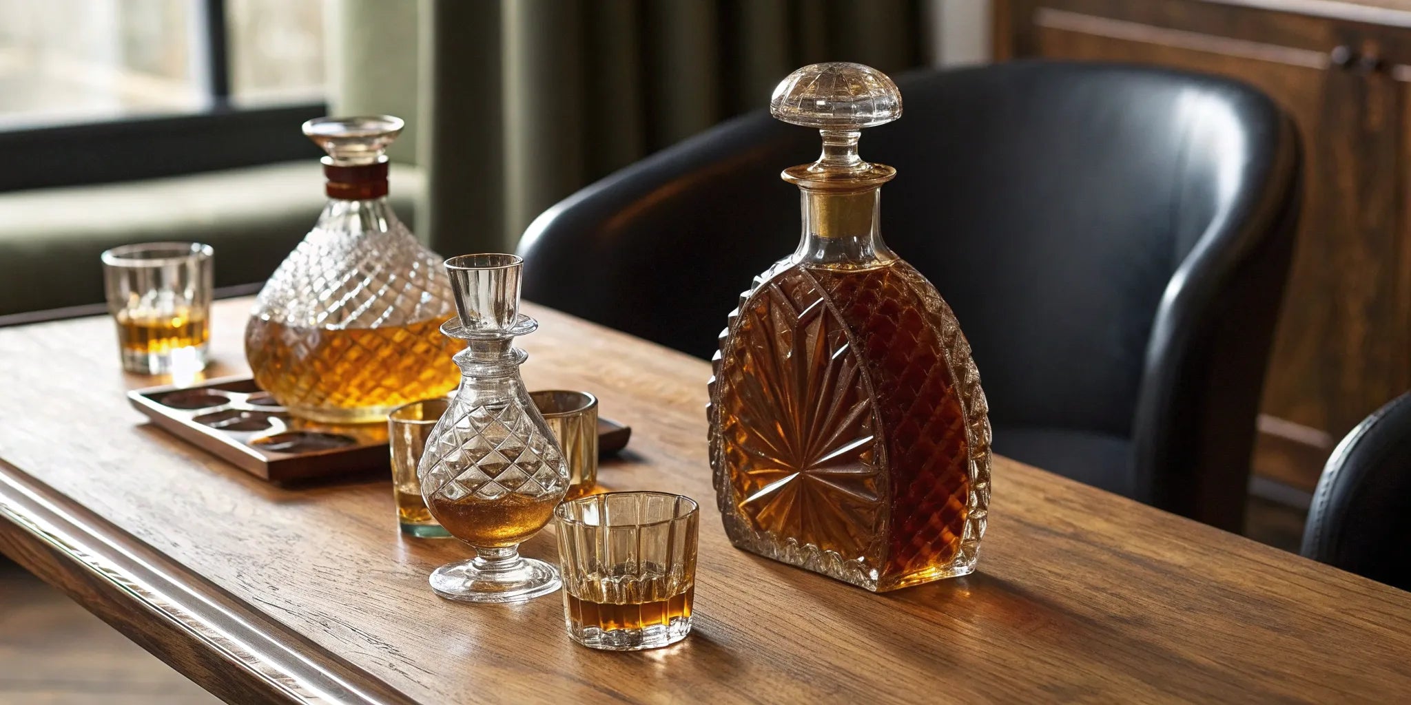 A tasting of high quality tequila brands served in crystal decanters and glasses.