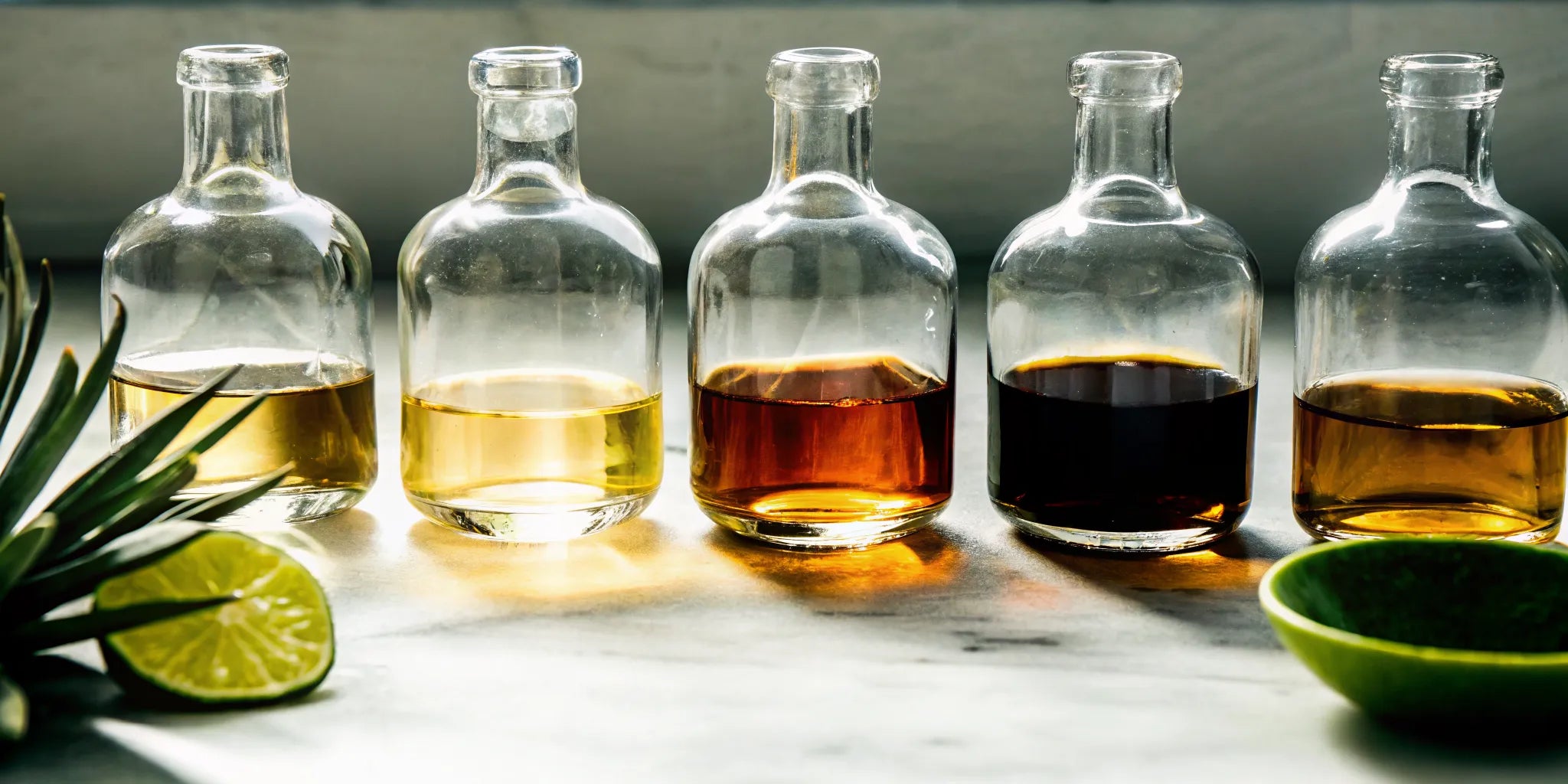 A collection of bottles from one of the best tequila tasting kits, arranged with a lime.