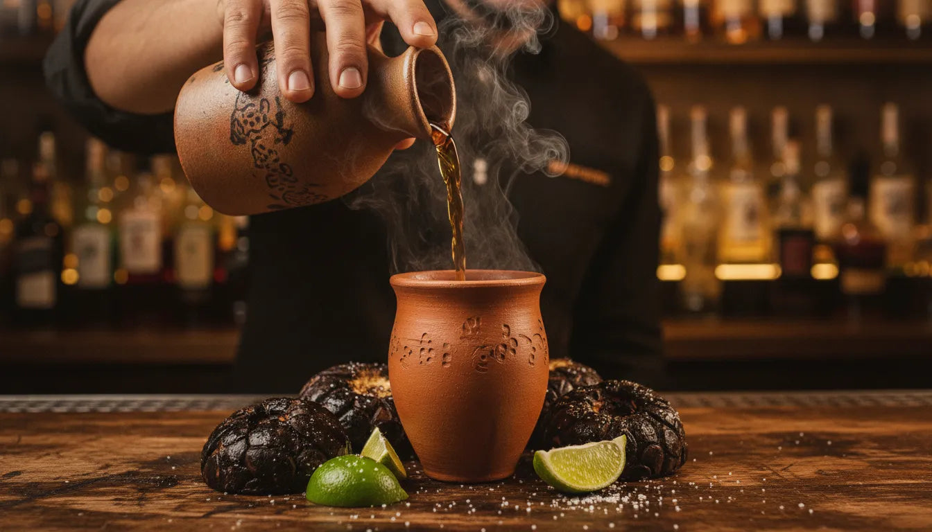 Mezcal cocktails for mixing on a rustic bar counter with agave
