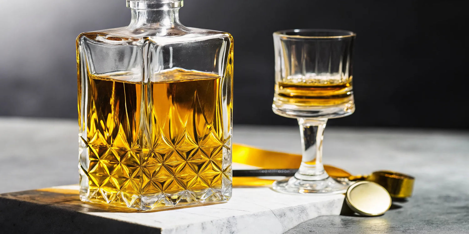 A glass of golden award-winning tequila with a decanter and a gold award ribbon.