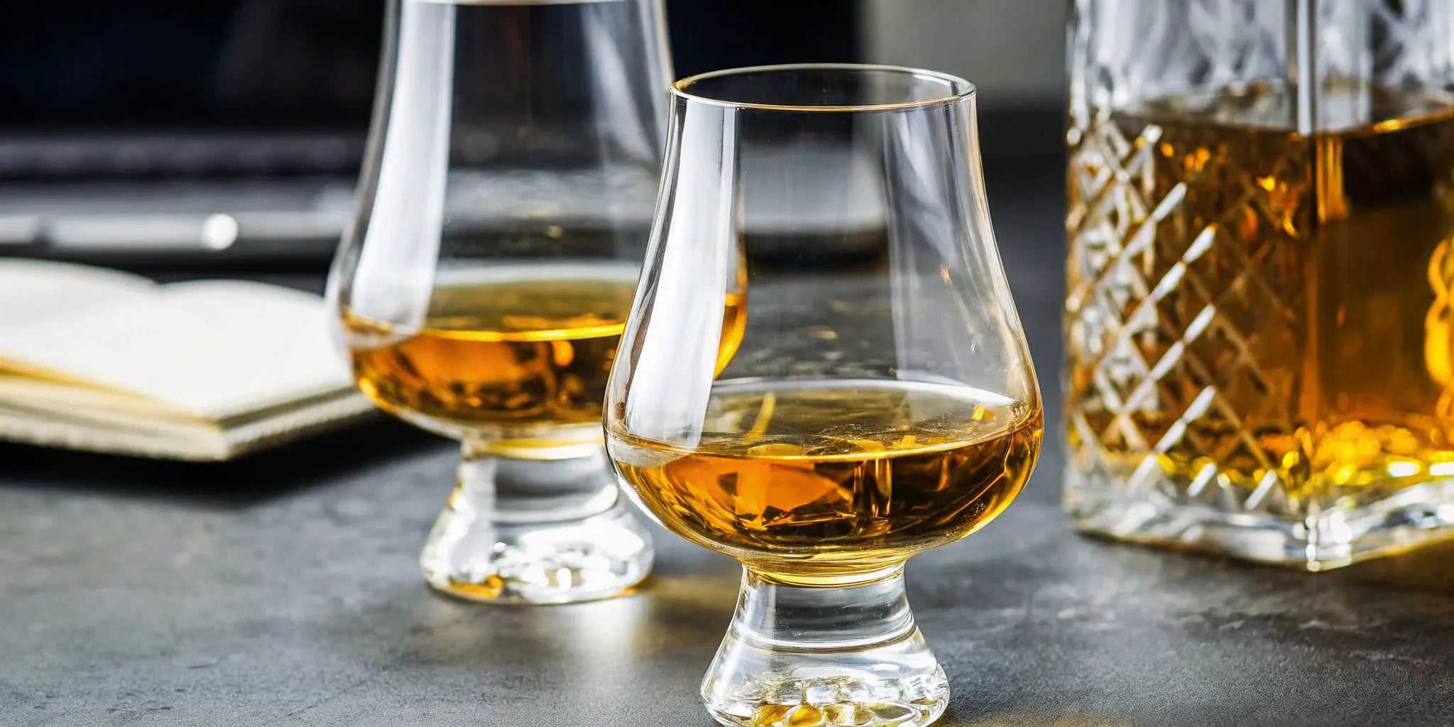A collection of expensive liquor in a crystal decanter and glasses.