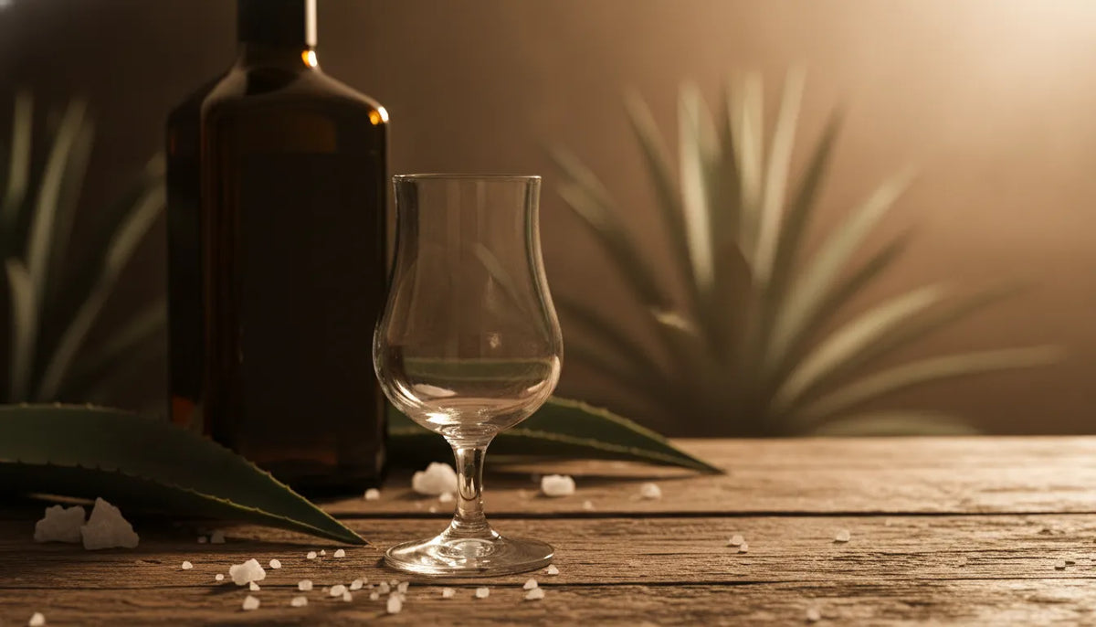 Arette tequila tasting scene with agave and a clear tasting glass