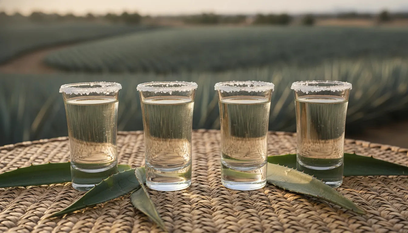 Best additive free blanco tequila tasting flight with blue agave leaves