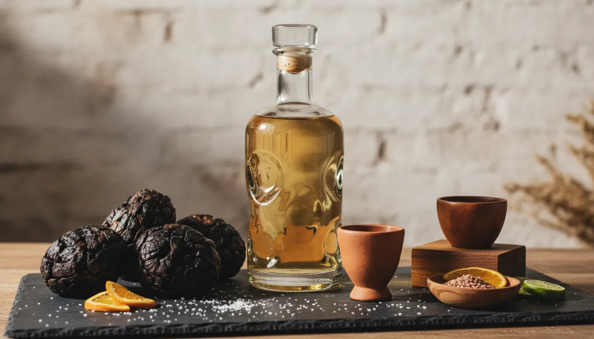 Artisanal mezcal bottle with roasted agave hearts