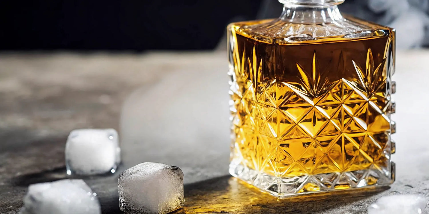 Premium bottle of tequila surrounded by cool mist and subtle ice crystals, highlighting storage temperature care