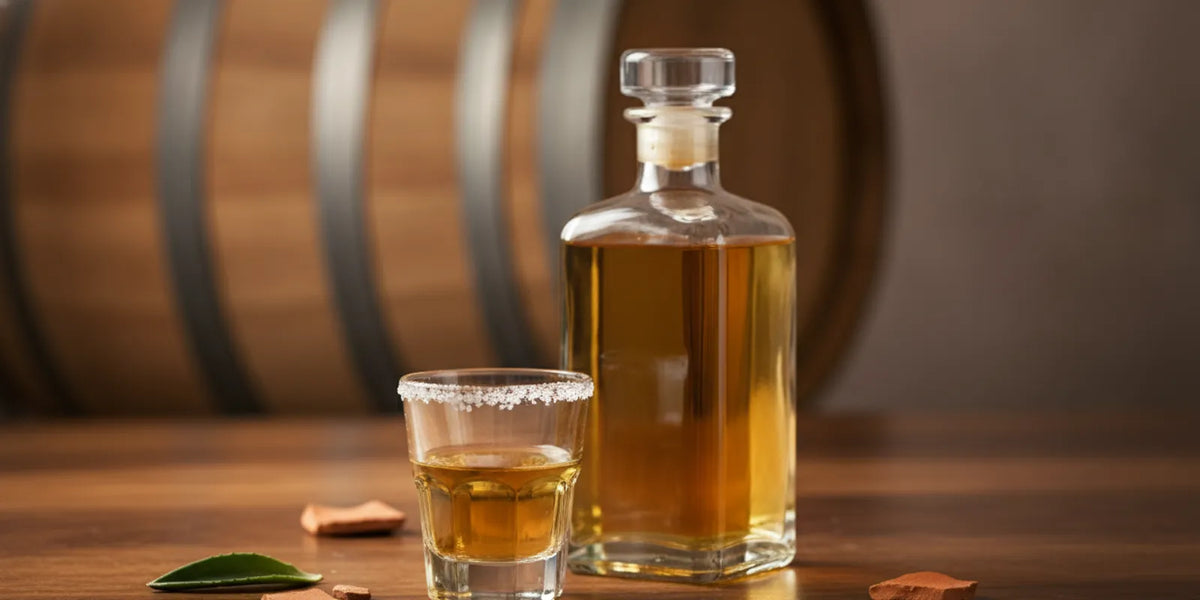 A clear tequila tasting glass beside a closed bottle on a warm wood table, with a barrel softly out of focus