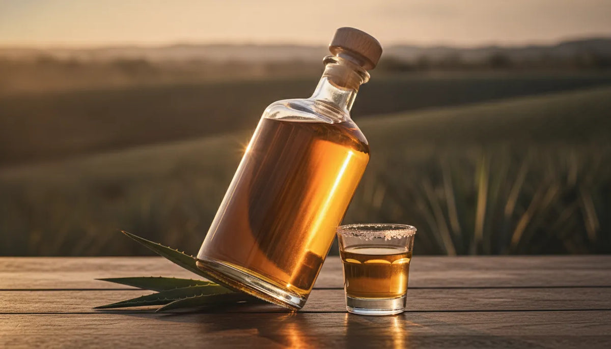Cava de Oro tequila bottle on a warm oak tasting table