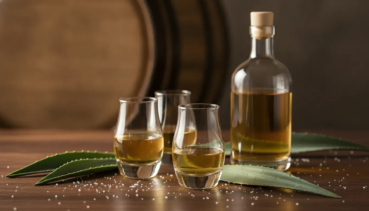 Cincoro tequila buyer guide scene with tasting glasses, agave leaves, and an oak barrel
