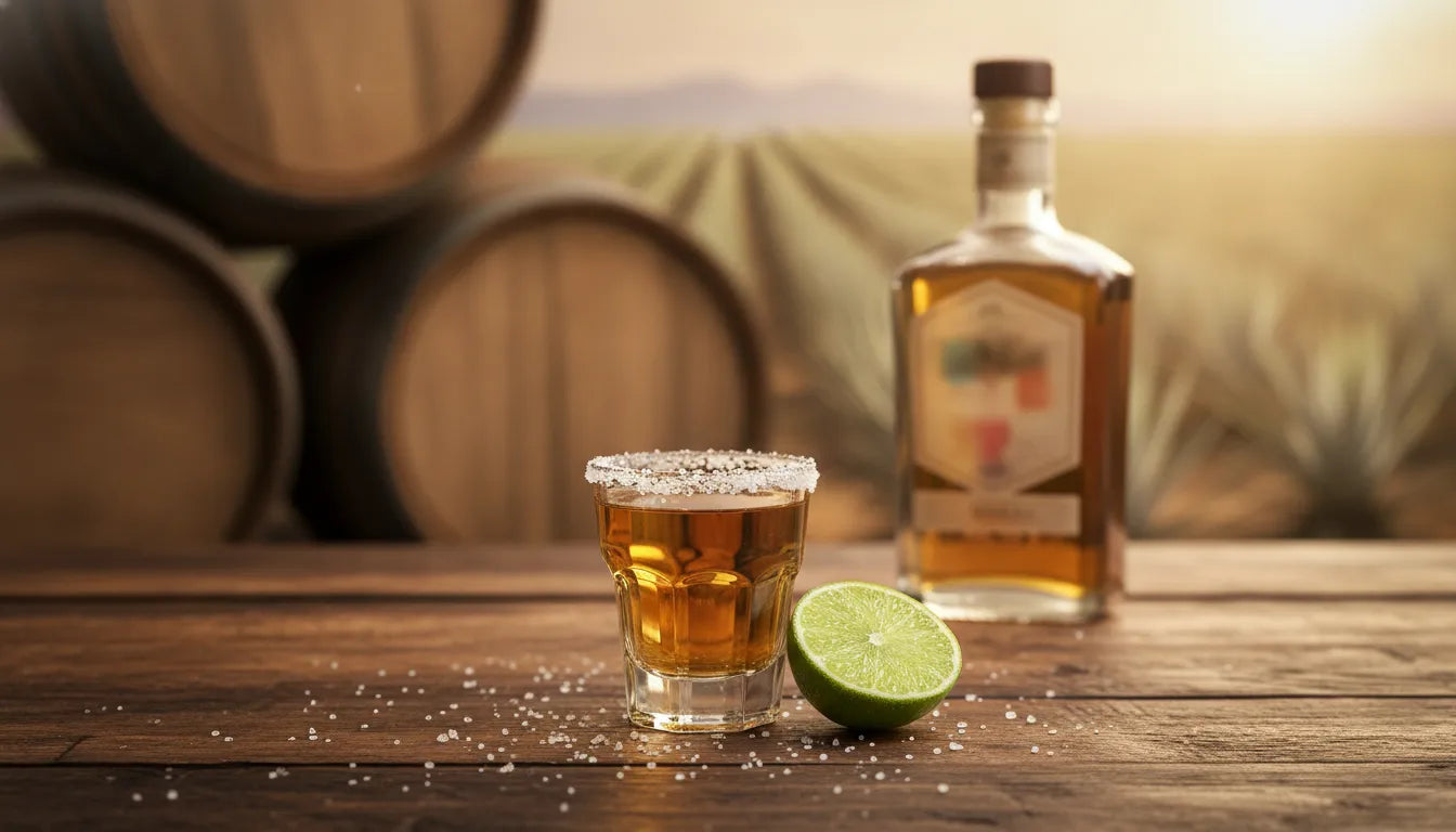 A glass of amber reposado tequila on a wooden bar counter with aged oak barrels in a softly lit background